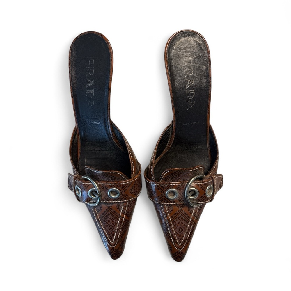 Prada Women's Dark Brown Patterned Leather Mules